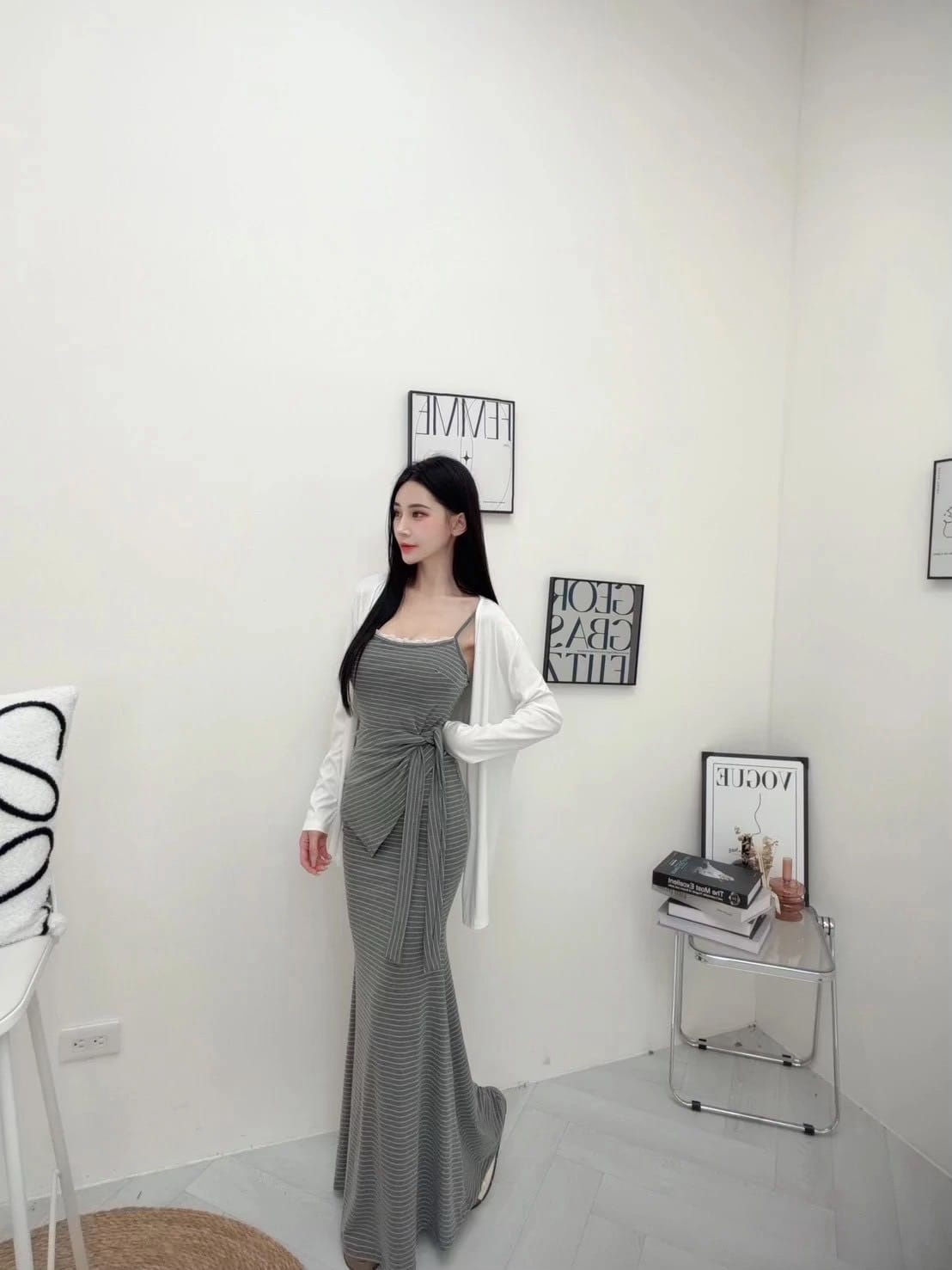 條紋背心+長裙外套三件套